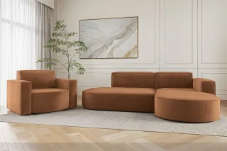 Sofa Set 2-teilig Sessel und Ecksofa PALMA XS Stoff Noel Ziegelrot Ottomane R...