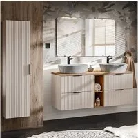 Lomadox Badmöbel-Set ADELAIDE-56-CASHMERE, (Spar-Set, 3-St., Hochschrank Doppelwaschtisch Spiegel Keramikwaschbecken LED), 140cm Waschtisch mit Aufsatzwaschbecken, kaschmir und Eiche