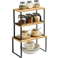 SONGMICS Gewürzregal Küchen-Organizer, 3-tlg., 3er Set, stapelbar, erweiterbar, Metall und Bambus
