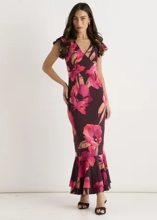 Braunes Maxikleid mit Rüschenärmeln und Blumenmuster