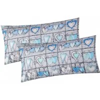 Heubergshop Kissenbezug, (2 Stück), 2er Set 40x80cm Herzen Landhaus Blau Kissenhülle Baumwolle (358/2)