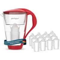 PerloPur Wasserfilter Glas Rot Inkl. 12 Universal Filterkartuschen, Zubehör für Brita Classic u. PearlCo Classic