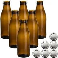 gouveo Trinkflasche Saftflaschen 1000 ml mit Schraub-Deckel - Große Flasche 1,0 l aus Glas, 6er Set, braun/silberfarben