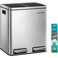 SONGMICS Mülleimer 2 Fächer, Mülltrennsystem, Treteimer, Abfalleimer Küche, 15 Müllsäcke, 2 x 15 L, Inneneimer aus Kunststoff, Klappdeckel, Softclose, luftdicht