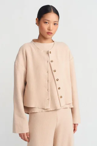 Damen Rippstrick Rundhalsknopf-Cardigan