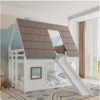 Merax Hochbett (210 x 264 x 193 cm, 1-St., Hausbett Kinderhaus Holzhaus) Etagenbett 140x200cm mit Dach, Leiter & Rutsche, Massivholz Kinderbett