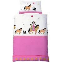 JACK Babybettwäsche 100x135cm Prinzessin Pferd Pink Weiß Fleuresse, Renforcé, 2 teilig, süßes Kindermotiv mit Märchenprinzessin