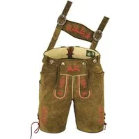 Fuente Leather Wears Trachtenlederhose Herren Lederhose kurz braun, rote Stickerei