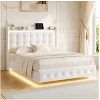 Simurq Polsterbett 140x200 mit Bettkasten LED USB Stauraum Kopfteil (Bettgestell mit Lattenrost, Bettgestell mit Lattenrost, ohne Matratze, 2 Pakete), Schwebendes Design mit 23,5 cm Bodenfreiheit