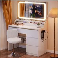 HOMALL Schminktisch Schminktisch mit 80 cm Spiegel und LED-Beleuchtung (Abmessungen: 80 × 40 × 137 cm Mit vier Schubladen und sechs Staufächern Drei einstellbare Farbtemperaturen Zwei USB-Ladeanschlüsse, zwei Netzsteckdosen und eine Halterung für ein