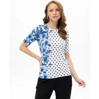Passioni T-Shirt mit gepunktetem Muster und Blumen Sommer T-Shirt mit Punkten und blauen Blumenprint
