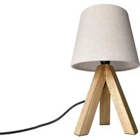 meineWunschleuchte Tischleuchte mit Holz & Stoff-Schirm Leinen Höhe 27cm, ohne Leuchtmittel, kleine Nacht-Tischlampe skandinavisch mit Holzfuß & E14 Stoff-Schirm