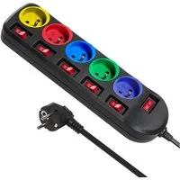 Maclean MCE204 Farbenfroh 5‑fach 1,5 m Kabel (Typ E) Steckdosenleiste 5-fach (Ein- / Ausschalter, separate Ein- / Ausschalter, Schalterbeleuchtung, Kindersicherung, Kabellänge 1.5 m), mit separaten Schaltern LED‑Beleuchtung
