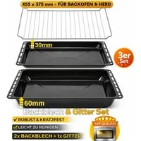ICQN Backblech 455 x 375 mm Set, 30 und 60 mm Extra Tiefe mit Gitter, Emailliert, (Set, 3-St., 455x30 und 455x60 mm set mit Backofenrost), Passend für Bosch, Siemens, Neff, Constructa, Flavel, Fettpfanne