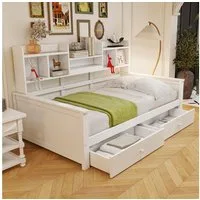 HAUSS SPOLE Schlafsofa 90 x 200 kinderbett mit bettfunktion Schubladen,Einzelbett mit Regale, integriertem Lattenrost, Schubladen und Regalen 90x200cm, ohne Matratze