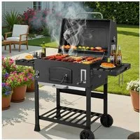TLGREEN Holzkohlegrill BBQ Smoker mit Deckel XXL, Grillwagen Holzkohle mit Schornstein, Rädern und Thermometer, Höhenverstellbare Kohleschale, Groß Kohlegrillwagen für Camping