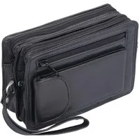 GlücksNugget Handgelenktasche Herrengelenktasche Leder schwarz mit Reißverschlussfächern