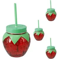 Mojawo Bierglas 4er Trinkglas Wasserglas Saftglas Strohhalm Deckel Erdbeere 480ml