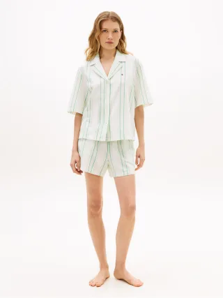 SS SHIRT LINEN PJ SHORTS SET Tennis Court Stripe Green - Gr. - XS