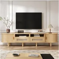 Merax Lowboard Retro-Modernes TV-Board in Walnuss/Natur (1 St., Fernsehtisch Ovales Lowboard), TV-Schrank mit 2 Rattan-Schubladen, 2 Schiebetüren & 8 stabilen Beinen