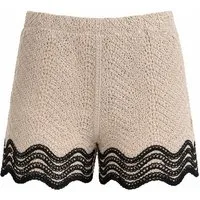 Mississhop Shorts Damen Sommer Set Beige Lochoptik Stickerei Shirt Shorts S/M (1-tlg)
