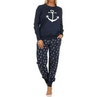 Normann Pyjama Damen Schlafanzug mit Bündchen in maritimer Optik mit Anker als Motiv