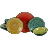 CreaTable Teller-Set Samoa, Teller Set 12-tlg (12-tlg), 4 Personen, Steinzeug, Handgemalter Spiraldekor