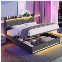 PXloue Polsterbett LED Doppelbett, Bettkasten, Ladefunktion, Leinen, 140x200 cm