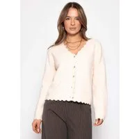 SASSYCLASSY Cardigan Strickjacke mit Bogenkante für Damen Weicher Cardigan mit V-Ausschnitt und Knopfleiste Koralle Offwhite