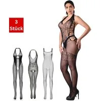 Elegant Love Bodystocking-Ouvert Sexy Netz-Bodystocking mit Ouvert – Rückenfreier Strumpfbody Dessous (Packung 3 St. 3er-Pack) Feminine Lingerie – Zarte Reizwäsche mit offenem Schritt (S–XL)
