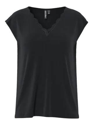 PIECES - PCKAMALA LACE V-NECK TEE JRS NOOS BC Black - Gr. - XL