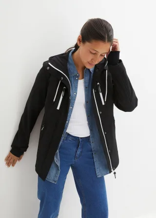 bonprix wasserabweisende Softshelljacke, schwarz, Gr.42, praktische Übergangsjacke aus wasserdichtem Material, ohne versiegelte Nähte, mit Reißverschlusstaschen, bequem geschnitten, aus Softshell
