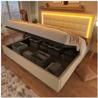 Flieks Stauraumbett (1-tlg), LED-Beleuchtung Kunstleder Doppelbett 160x200cm