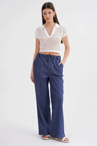 Gerade geschnittene Jeanslook-Hose mit Kordelzug