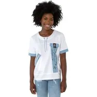 Gio Milano Kurzarmshirt G30-1110, mit Denimpatch und U-Bootausschnitt Zierreißverschluss, eingesetzter Denimstreifen