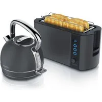 Arendo Frühstücks-Set Edelstahl Wasserkocher 1,7l, 4-Scheiben Langschlitz Toaster, Cool Grey (2-tlg), Vintage Wasserkocher Temperatureinstellung, Toaster Brötchenaufsatz