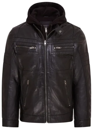 Schwarze Herren-Bikerjacke aus Leder mit Kapuze – Stavern