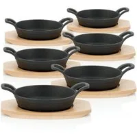BBQ-Toro Servierpfanne Gusseisen Servierpfännchen mit Holzunterlage (6 Stück), Ø 16cm, Gusseisen