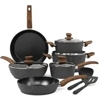 Kitchen Academy Topf-Set, Aluminium, Granit (12-tlg, Pfanne 20cm/28cm, Bratpfanne mit Deckel 24cm, Stielkasserolle mit Deckel 17cm/20cm/24cm, 2 Silikonspatel), Induktion Töpfe Set 12-teilige Granit Kochtöpfe Set