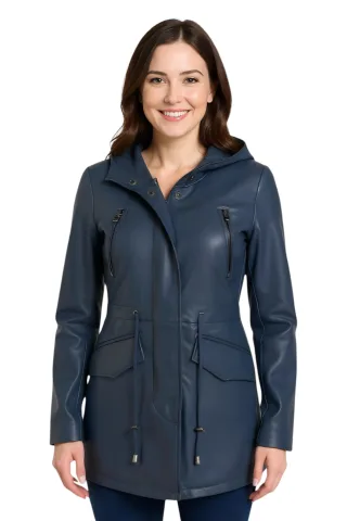 Blaue Damen-Parkajacke aus Leder mit Kapuze – Cairns
