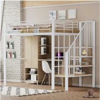 Flieks Hochbett Metallbett Kinderbett 140x200cm mit großen Stauraum und Treppe