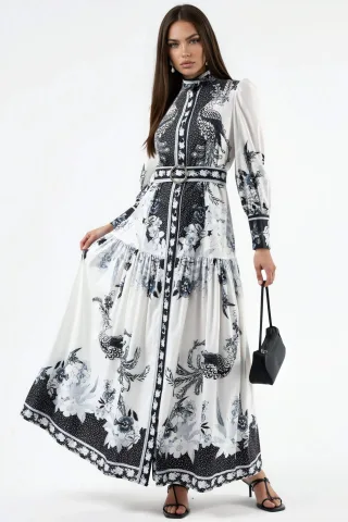 Blumenkleid Maxi mit Hemdkragen und Gürtel