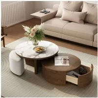 Graceabode Couchtisch mit 2 Beistelltischen aus Walnuss, runder Stein-Marmortisch (1-St), Wohnzimmer tisch mit Schublade und Hockern