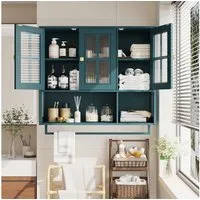 MODFU Hängeschrank mit 3 Türen und Handtuchhalter (Badezimmerschrank,Praktische Wandaufbewahrung mit Flügeltür aus Glas und großzügigem Stauraum, modernes Hängevitrine-Design aus MDF)