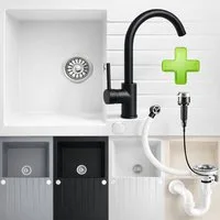 Homeline Granitspüle LADY Granitspüle Küchenspüle Granit Siphon Einbauspüle Spülbecken, Eckig, Kpmplettes set, (Kombi Set, 3 St., Mit Ablaufgarnitur)