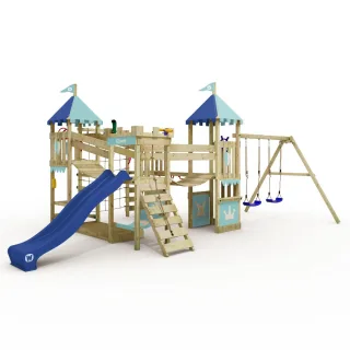 Kletterturm Smart Queen - Großer Spielturm mit Wellenrutsche, Doppelschaukel, Kletternetz und Sandkasten für den Garten aus Massivholz - Wickey