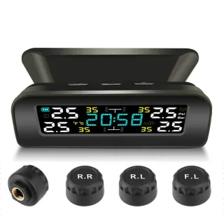 Tire Pressure Monitoring System Solar Clock LCD Display Car TPMS Wireless Tire Pressure Monitoring with 4 External Senso