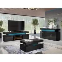 MIRJAN24 Wohnzimmer-Set Glossa II, (3er-Set, Kommode, TV-Lowboard mit Kamin, Couchtisch), mit blauer LED-Beleuchtung