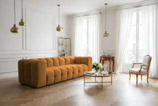 Sofa Designersofa SOLVIE 4-Sitzer in Stoff Moly Orange