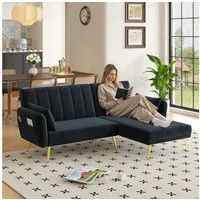 Merax Schlafsofa L-Form Klappsofa Samt Schlafsofa Ecksofa mit Schlaffunktion, 2–3 Sitzplätze, Metall-Rohrfüße 1 Teile, 3-Sitzer-Sofa mit verstellbarer Rückenlehne und Aufbewahrungstaschen